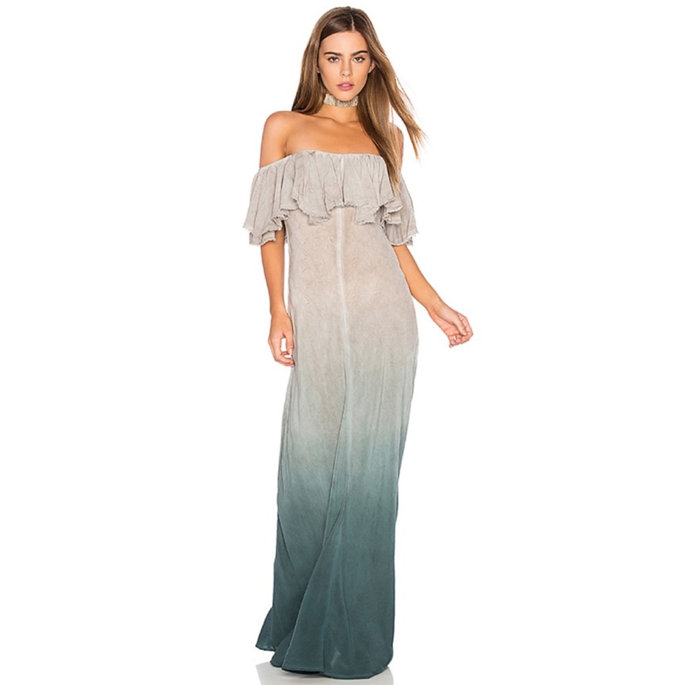 Blue Life Planet Blue Aphrodite Ombré Ruffle Maxi Dress Grey Blue Tie Dye Boho